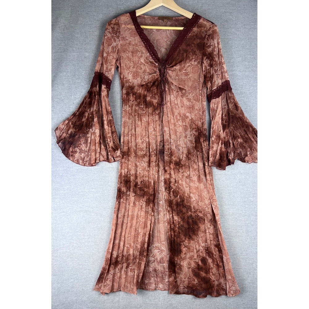 Arden B Sheer Floral‎ Duster Cardigan Bell Sleeve Lace Trim Pink Brown Small Y2K